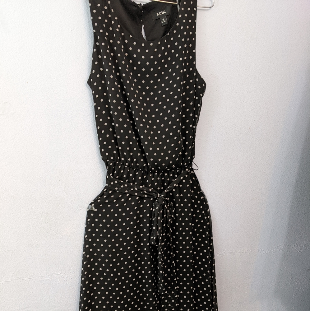 MSK women's polka dot sheath dress in size 12 sleeveless tie at waist